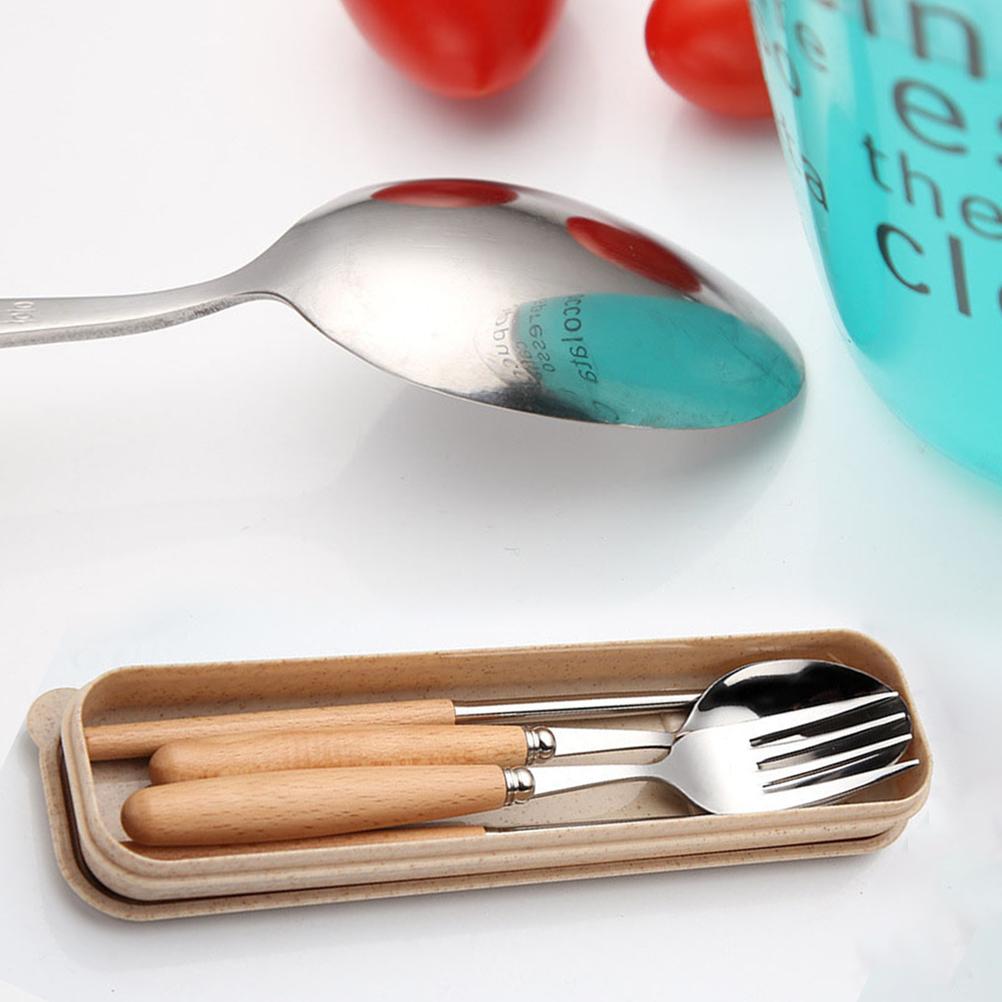 3PCS Stainless Steel Tableware Cutlery Set with Beech Handle Include Fork Spoon Chopsticks Case