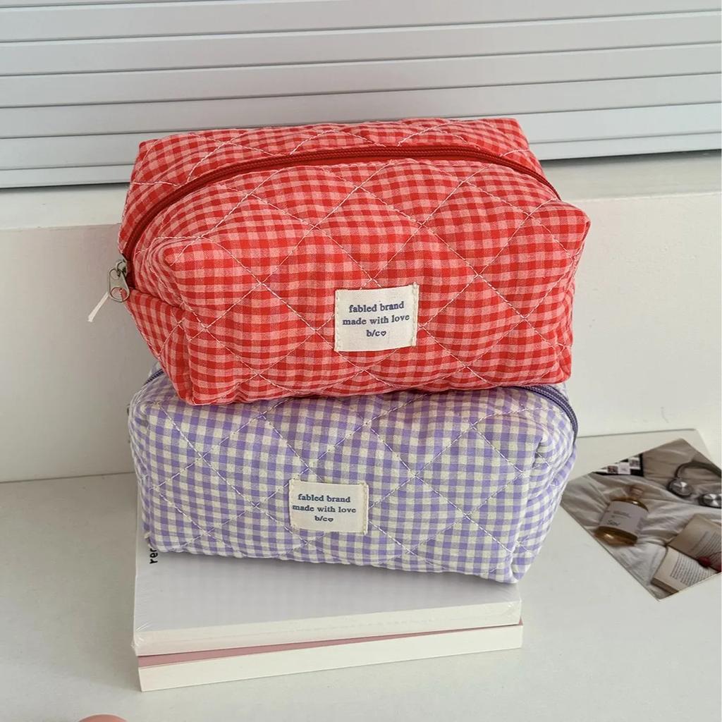 Quilted Cotton Ladies Small Storage Bags Purse Pillow Female Makeup Pouch Case Handbags Contrast Color Plaid Women Cosmetic Bag