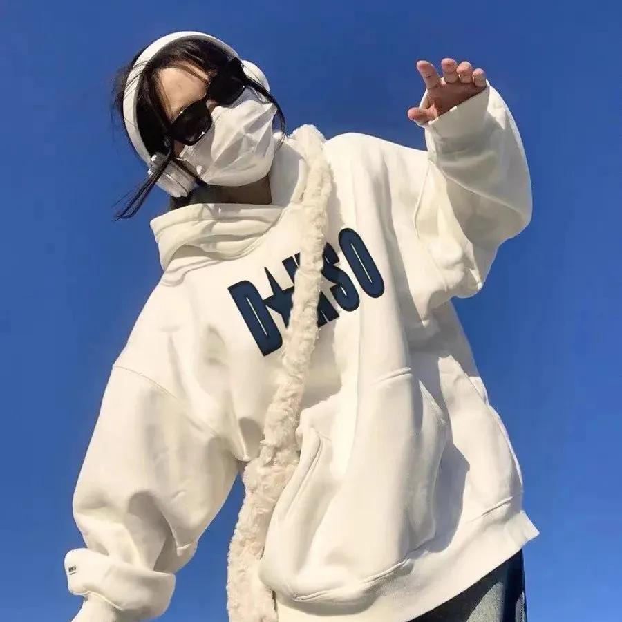 

Женская толстовка с капюшоном из чистого хлопка с флисовой подкладкой - Корейский стиль, Свободный крой, Осень/Зима, Универсальная одежда для кампуса 2XL for 146-170 lbs