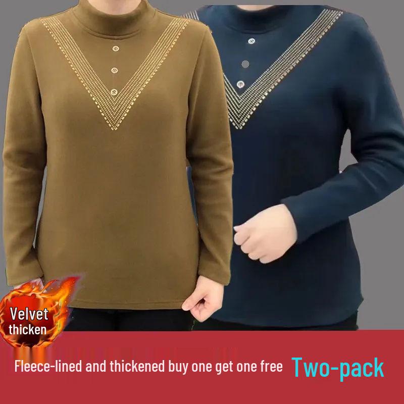 Double-Sided Threaded Velvet Rhinestone Slimming Semi-High Neck Top - Autumn/Winter Warm Base Layer