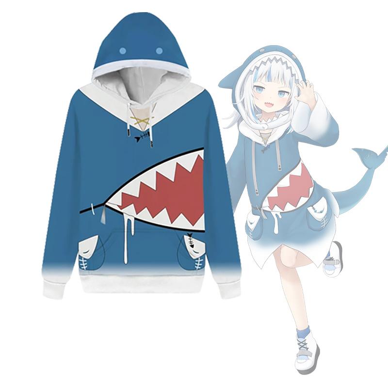 CosplayCos VTuber Gawr Gura Hoodie 3D Druck Haifischmaul Pullover Sweatshirt Unisex Halloween Party Anime Kostüm Langarm Top