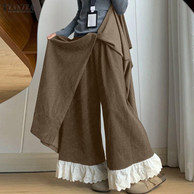 ZANZEA Women Casual Elastic Waist Loose Ruffled Lace Hem Wide Leg Pants Long Trousers