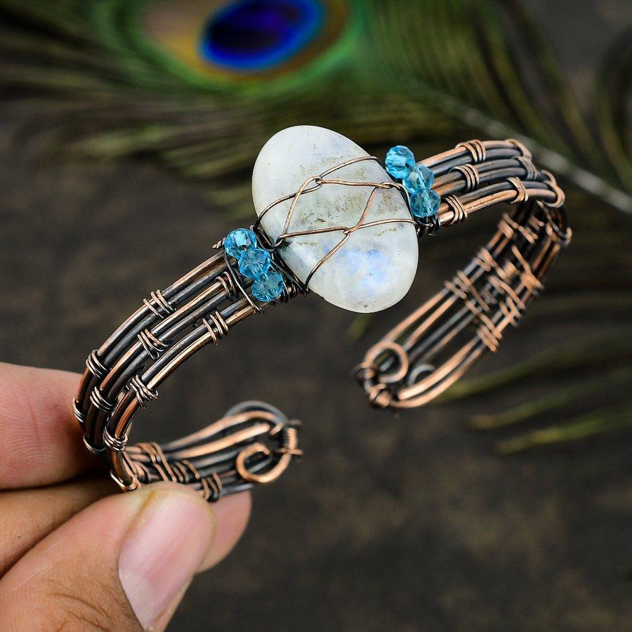 Brățară reglabilă din sârmă de cupru cu piatră prețioasă naturală curcubeu G1y79