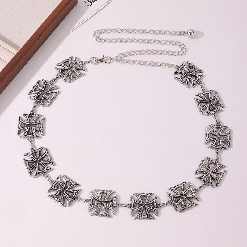 Retro Style Metal Waist Belt With Engraved Cross For Streetwear And Looks Casual