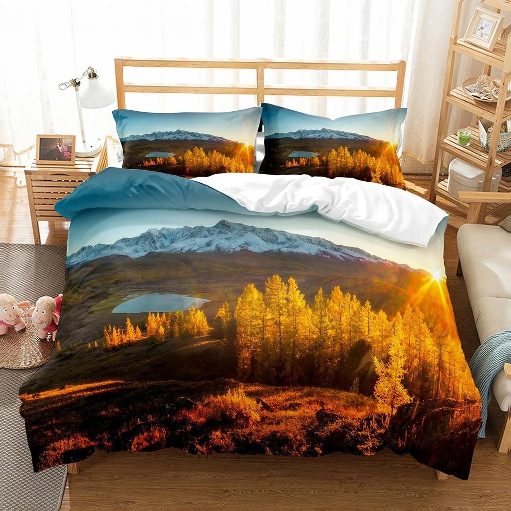 Altai Mountains Natural Landscape Duvet Cover Set With Pillowcases Forest Lake Bedding Set King Queen Polyester