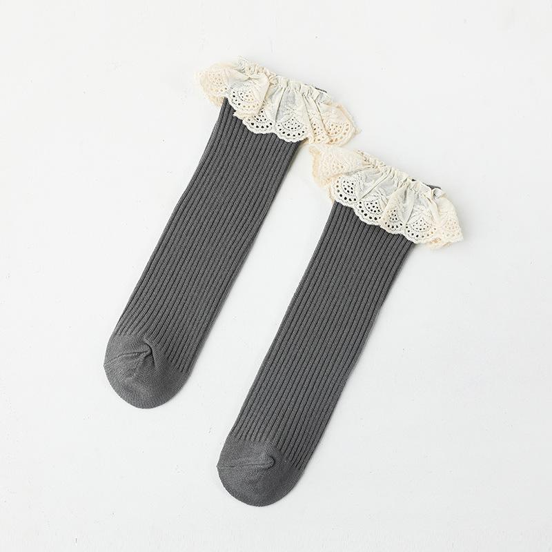Toddlers Girls Knee High Princess Long Soft Rib Cotton Lace Socks SZSO-020 S&S/0-4Y 26cm серый
