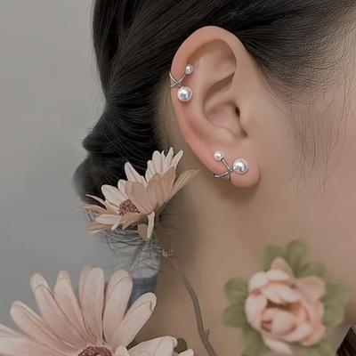 Women's Daily Pearl Cross Ear Cuff Bracelet Earrings