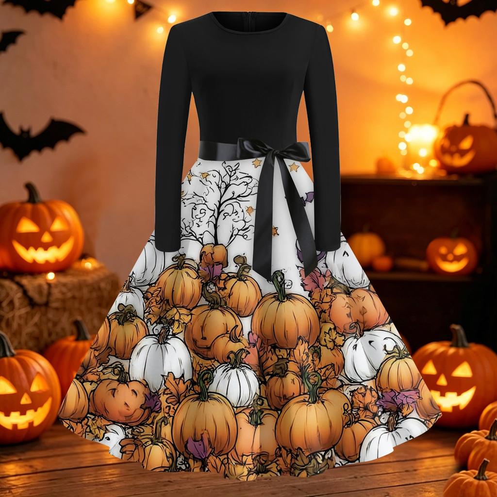Women's Vintage Halloween Print Round Neck Casual Dress for Everyday Wear