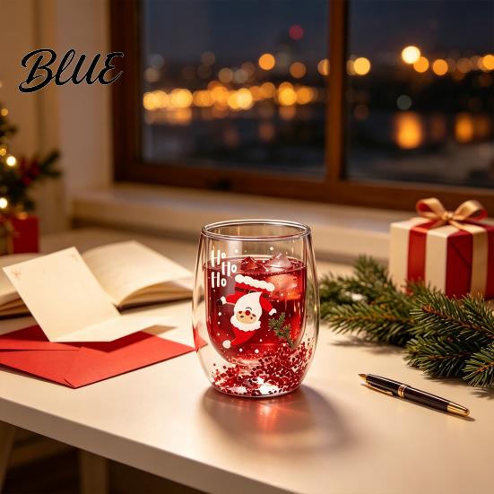 Double Layered Juice Glass Layer Cup with Santa Claus/Small Tree/Stack/Bag Patterns Decor Family Gathering Tableware Quicksand Sequins Clear