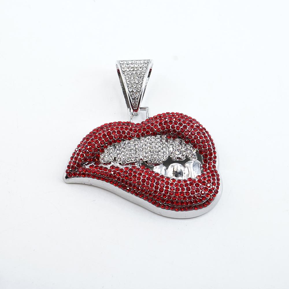 European and American Colored Diamond Sexy Biting Lips Hip Hop Personalized Creative Pendant Hip Hop Cuban Chain Necklace
