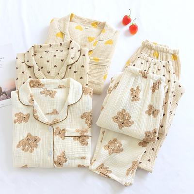 Women Pajamas 2-Piece Set 100% Cotton Gauze Long Sleeved Pants Cute Bear Print Pajamas Homewear Ladies Pajamas
