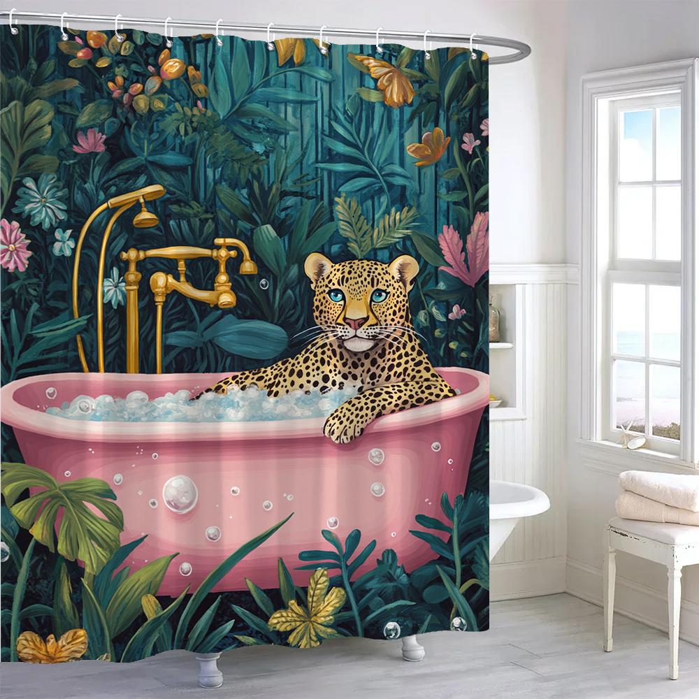 Zebra Shower Curtain, Floral Plants, Fun Leopard Animals ,Bathroom Decorative Shower Curtain, Printed Fabric Home Curtain