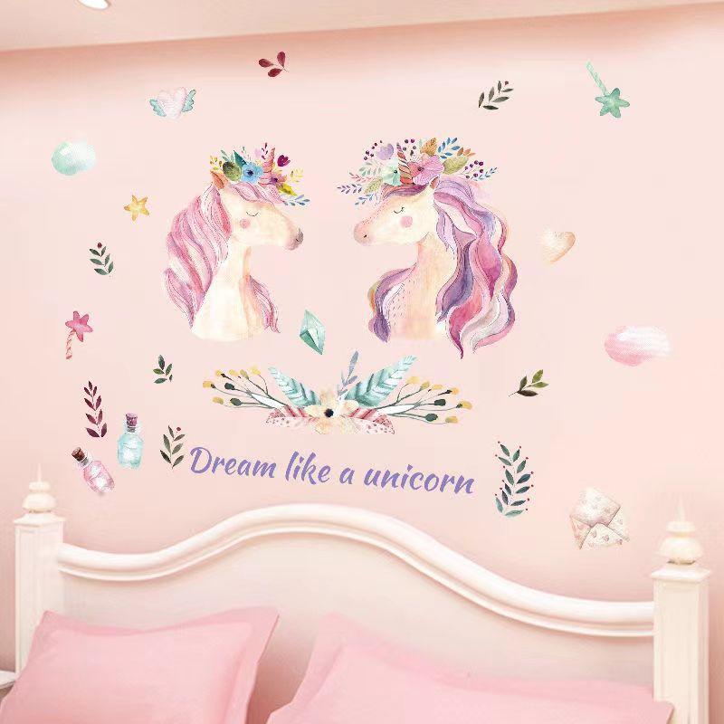 Pink Wall Sticker for Bedroom Girls, Unicorn Feather Princess Flowers Decal, Nursery Removable Wallpaper