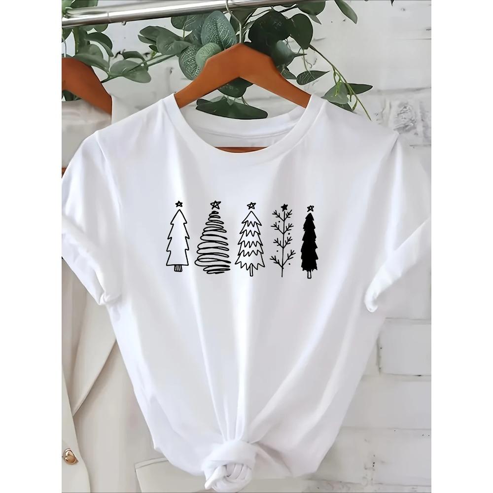 Five Christmas Tree Cartoon Printed Simple Style Printed Women Tshirt Fashion Soft Round Neck Summer Top for Casual Clothing