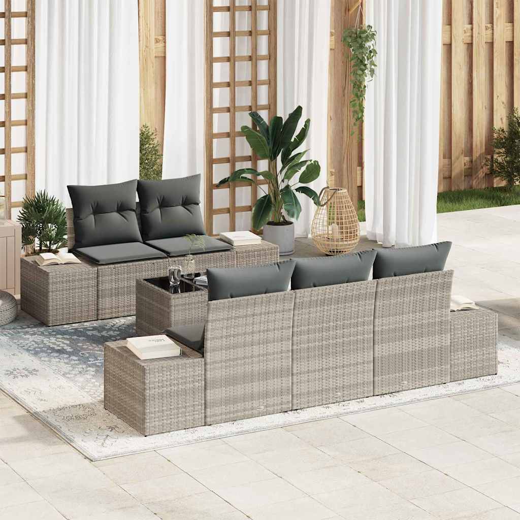 6 Piece Sofa Set with Cushions Light Grey Poly Rattan