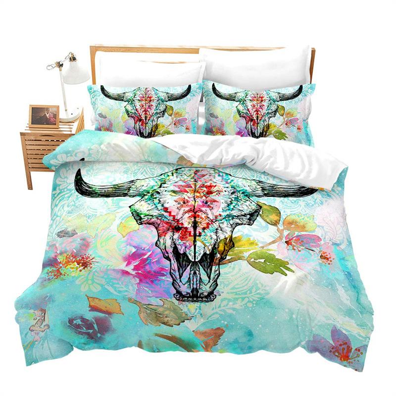 Farm Animal Duvet Cover Set Single King Queen Bohemian Mandala Bedding Set Microfiber Deer Bull Head Cow Skull Comforter Cover