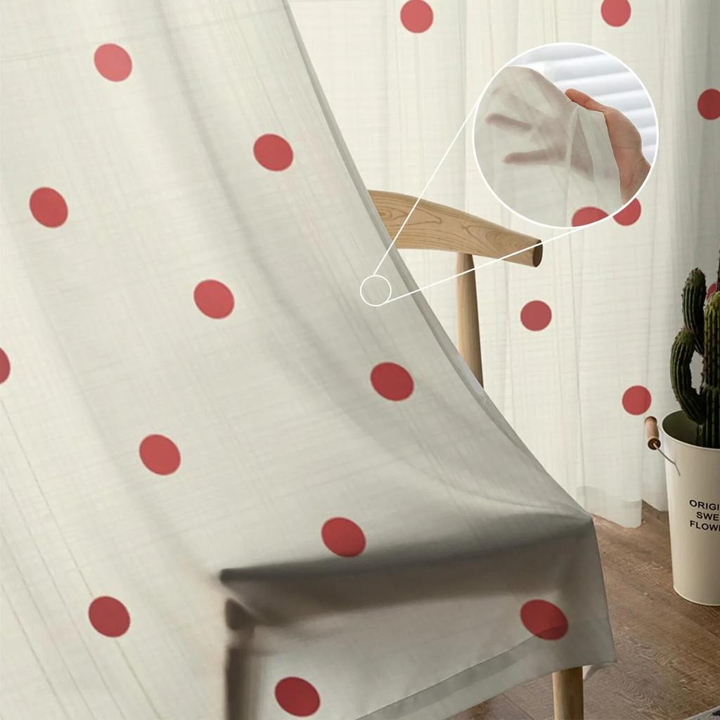 Tüllvorhänge im Retro-Stil mit Punkten, Rot und Beige, für Wohnzimmer, Küche, Schlafzimmer, transparenter Tüll für Café, Hotel, moderne Wohnkultur