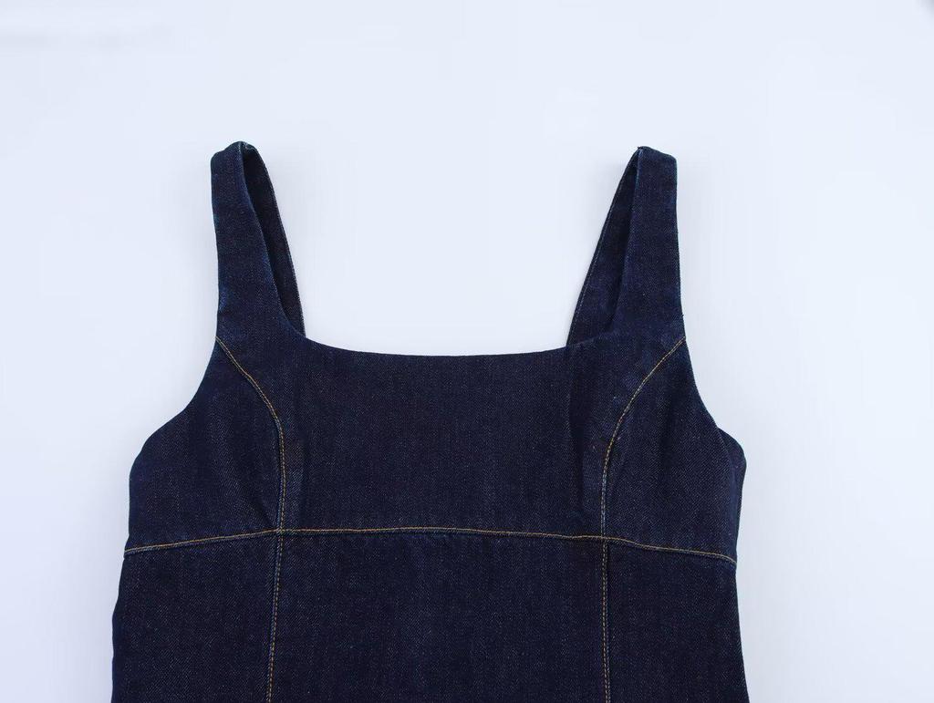 2025 Spring Women's Square Neck Wide Strap Denim Dress