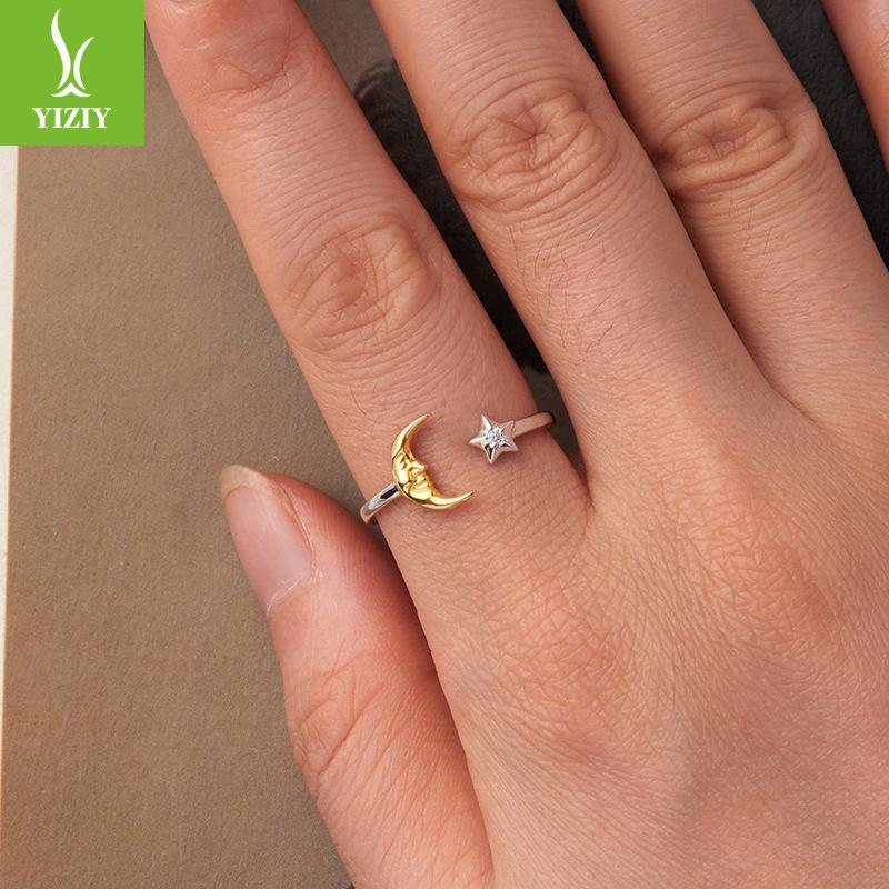Shining Star And Moon Open Ring Women'S Niche Light Luxury S925 Sterling Silver Ring Jewelry