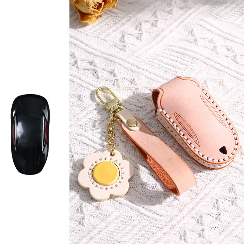 Genuine Leather Auto Key Fob Remote Cover Case Key Ring Auto Accessories Fit For Tesla Model 3 X S Y Model3 Models Modely Modelx