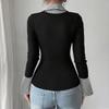 Women's Fashion Long Sleeve Casual Pullover Shirt Two Piece Look V Neck Layered Collar Top Slim Fit Lightweight