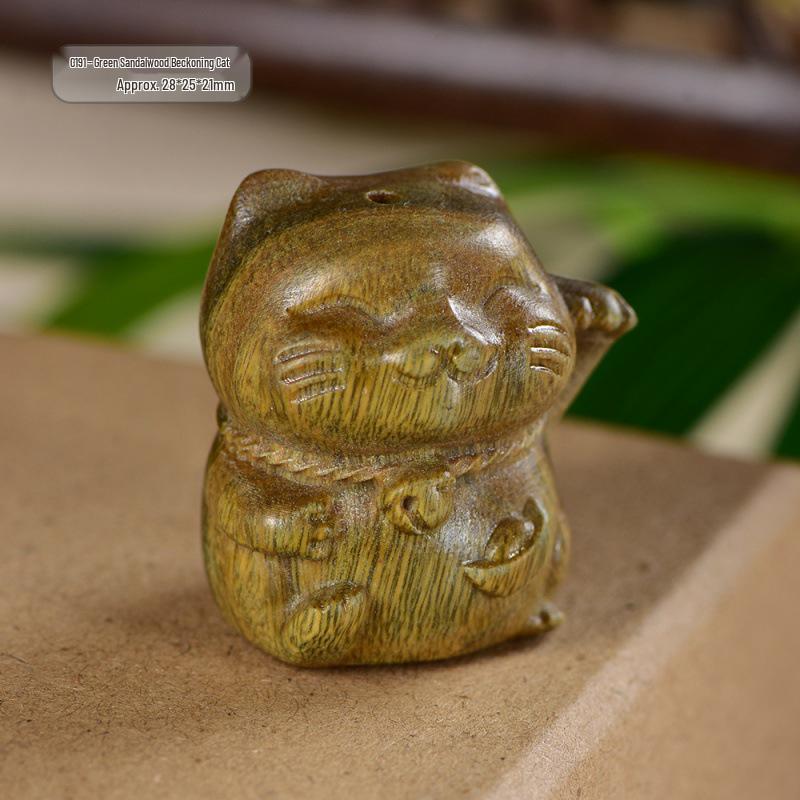 Green Red Sandalwood & Agarwood Cat Carving Pendant Lanyard Keychain Accessory
