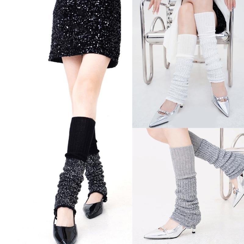 Womens Vintage Ribbed Knit Stretch Long Leg Warmer Party Dance Glitter Sequins Patchwork Solid Boot Socks Leg Cover