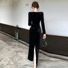 Damen Französisches High-End Samt Slim-Fit Langarmkleid