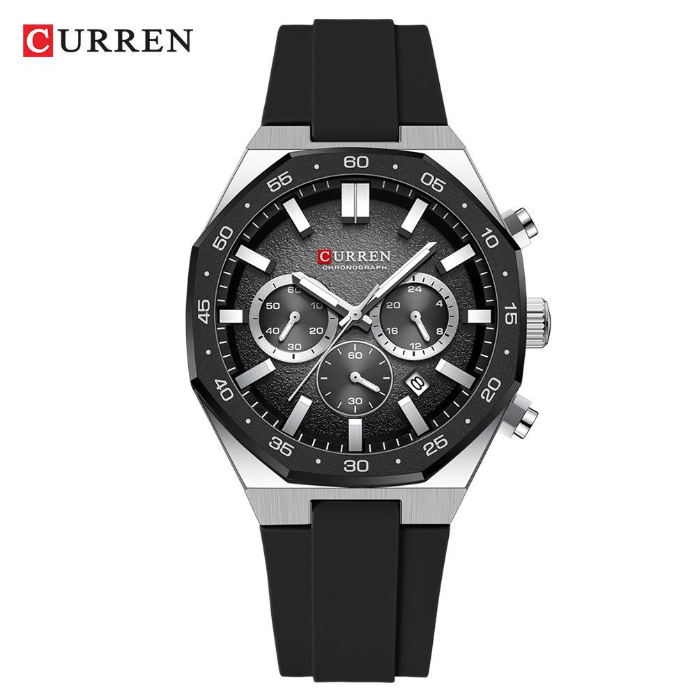 CURREN Men's Sports Chronograph Wristwatch with Black Silicone Band Auto Date Luminous Hands Quartz Watch for Men