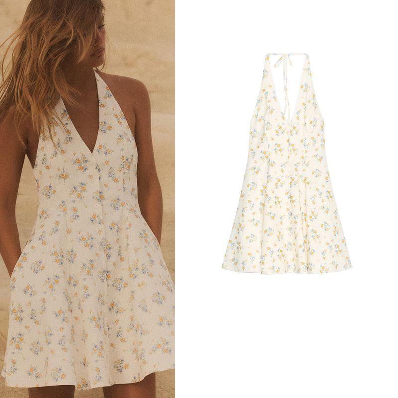 Summer New Women clothes Sexy Backless Flower Print Poplin Neck Collar Short Dress 4661387