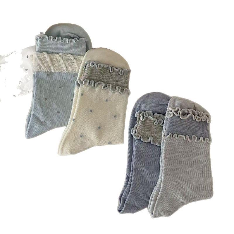 Ladies Spring and Summer Small Fresh Double Auricular Brim Cotton Anti Pilling Boneless Stockings