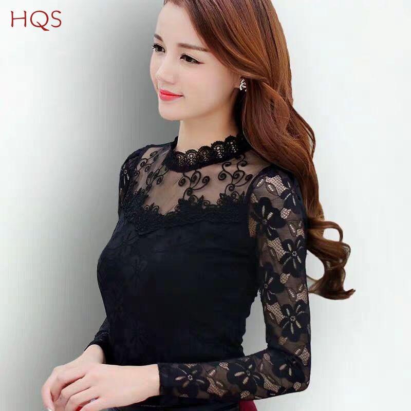 Lace Tops for Women Long Sleeve Fall Winter High Neck Mesh Blouse Slim Fit Hollow Out Casual Shirt