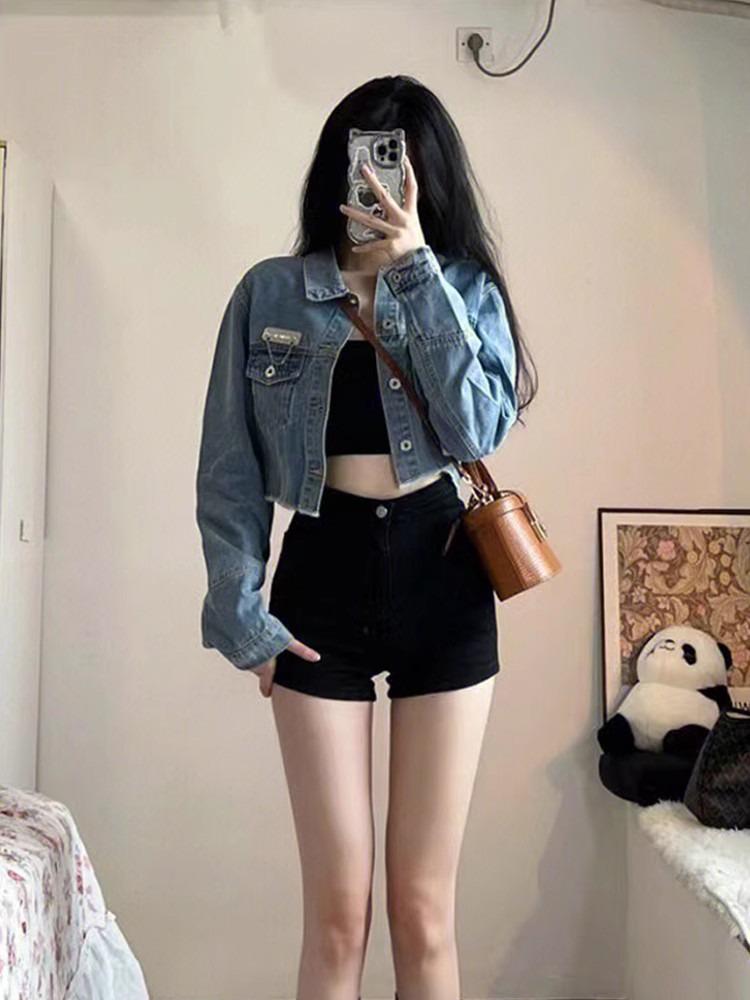 

American Spicy Girl High-Waist Elastic Denim Shorts for Women - Plus Size, Slim-Fit, Hip-Hugging Design 2X Large чёрный
