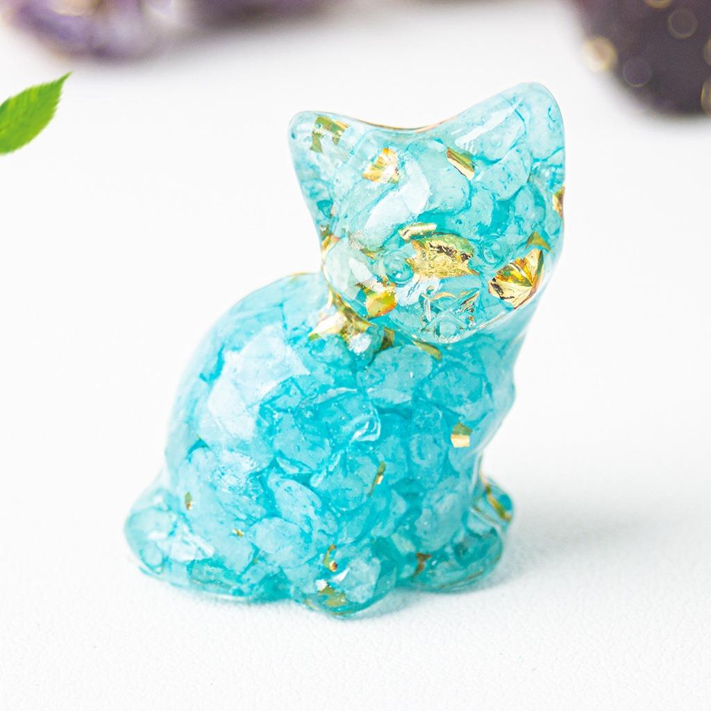 Natural Crystal Gravel Resin Sitting Turning Face Cat Figurine With Gold Foil Cute Desktop Decor For Home Office