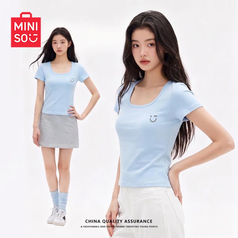 MINISO Women s Slim-Fit U-Neck Cotton Blend T-Shirt S