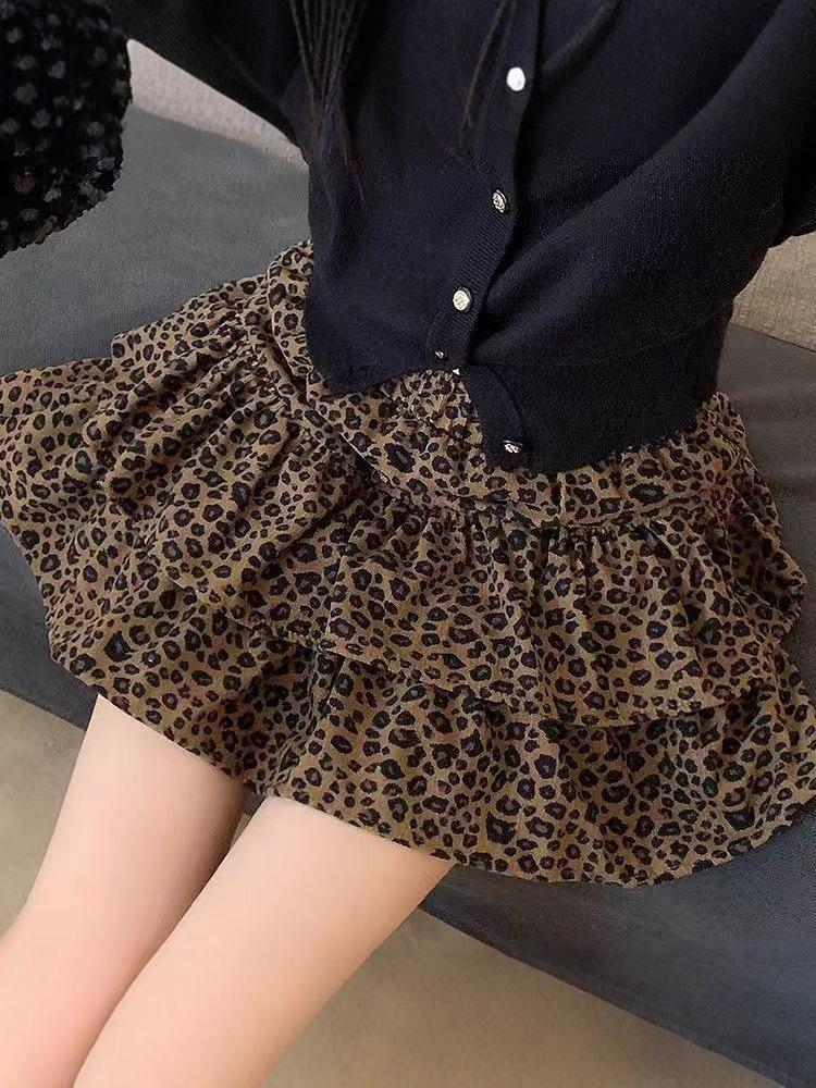 Women's High-Waisted Leopard Print A-Line Skirt - Double Layer, Slimming, Fluffy, Short, for Petite, Autumn/Winter 2025