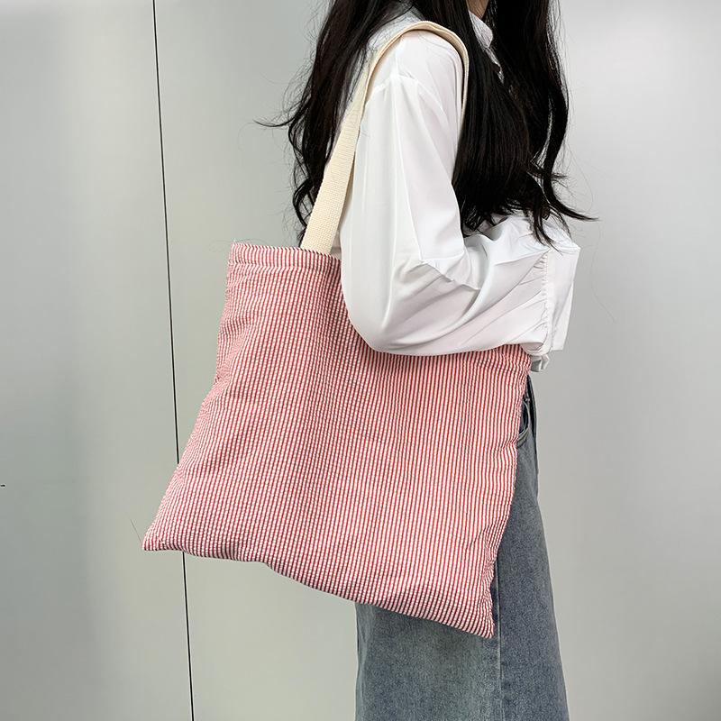Stripe Ctrast Color Women's Canvas Shoulder Bag Large Capacity CollegeBook Tote Zipper Handbags Simple Commuter Shopping Bag