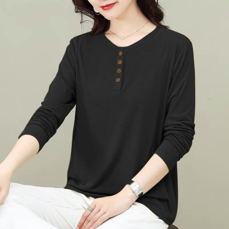 

Autumn Button-down T-shirt Women s Plus Size Women s Casual Literary Bottoming Shirt Loose and Thin Top T-shirt Trend S чорний