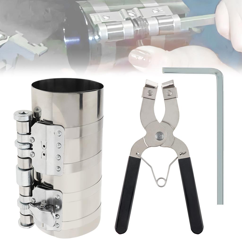 4inch Car Engine Piston Circle Compressor Tool, Adjustable Sizes From 2 Inch To 7 Inch with Piston Installer Plier, Silvery 50mm,175mm Piston Circle