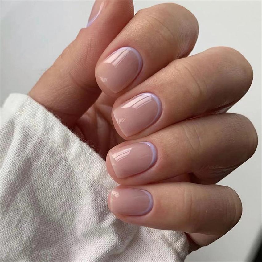 24Pcs Short French Press On Nails Pink Glitter Pearlized Fake Nail Tips Cute Natural Sweet