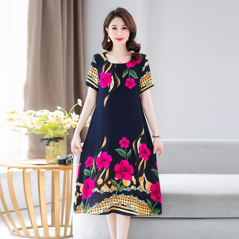 Women's Half Sleeve Print A-Line Dress Crew Neck Loose Waist Casual Summer Midi Rayon Dress For Middle-Aged Mothers Multiple Colors Optional