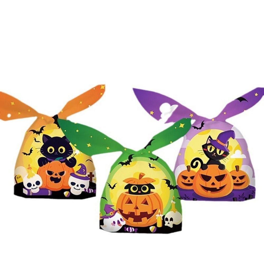50pcs/bag Pumpkin Cat Ghost Printed Halloween Candy Bag Rabbit Ear Plastic Bag  Halloween Party
