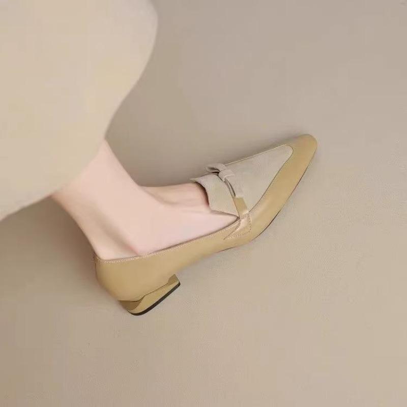 Shoes for Woman Small Leather Shoes Women's French Splicing Thick Heel Pointed Single Shoes Leather Versatile Loafers Woman