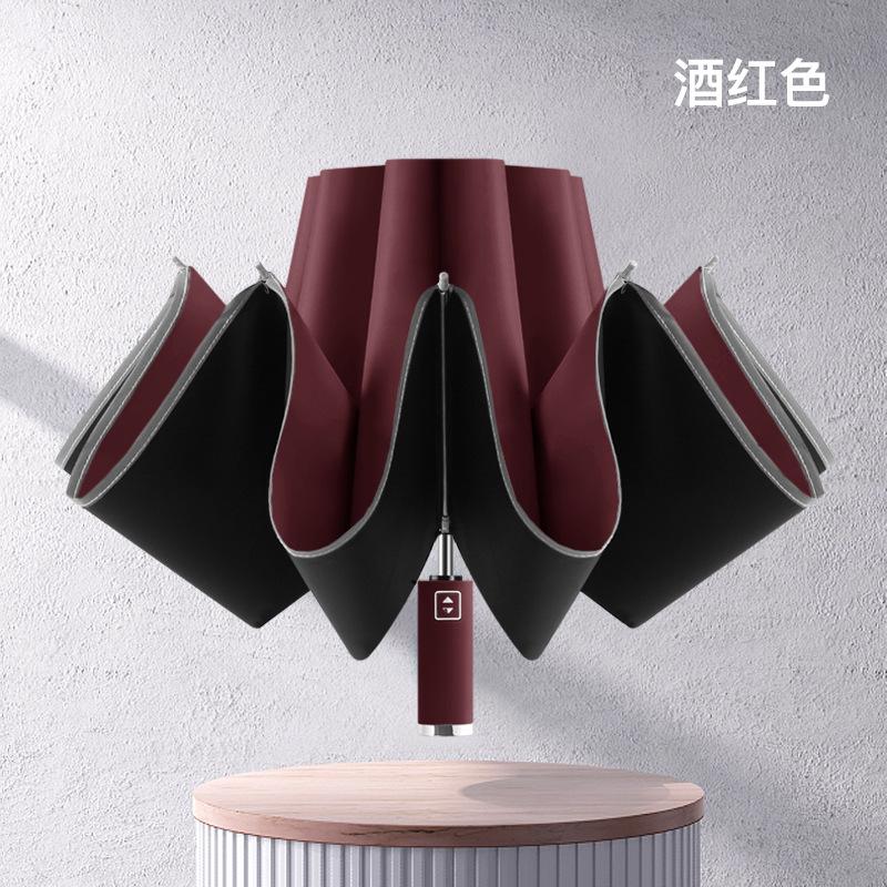 10-Bone Vinyl Automatic Car Reverse Umbrella Hemming Reflective Weather and Rain Umbrella Three-fold Parasol