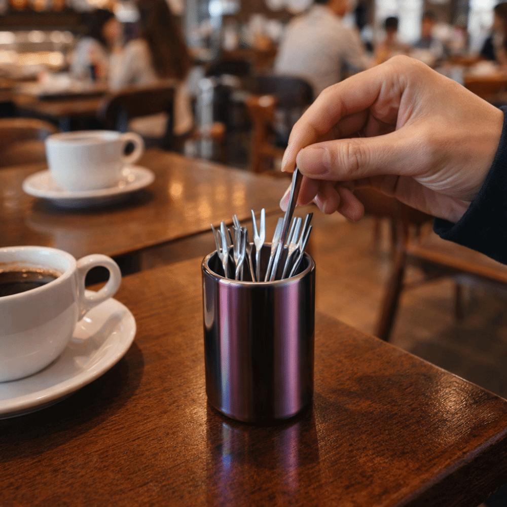 Cylinder Fruit Fork Holder Stainless Steel Mini Metal Box Toothpick Jar Holder Dining Table