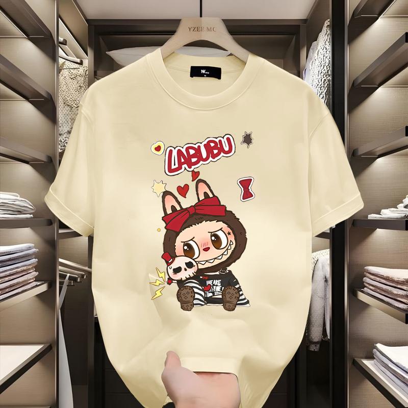 Polyester Fiber Material Fun Cartoon 3D Printing Labbubu Loose Short-sleeved T-shirt Round Neck Top Unisex