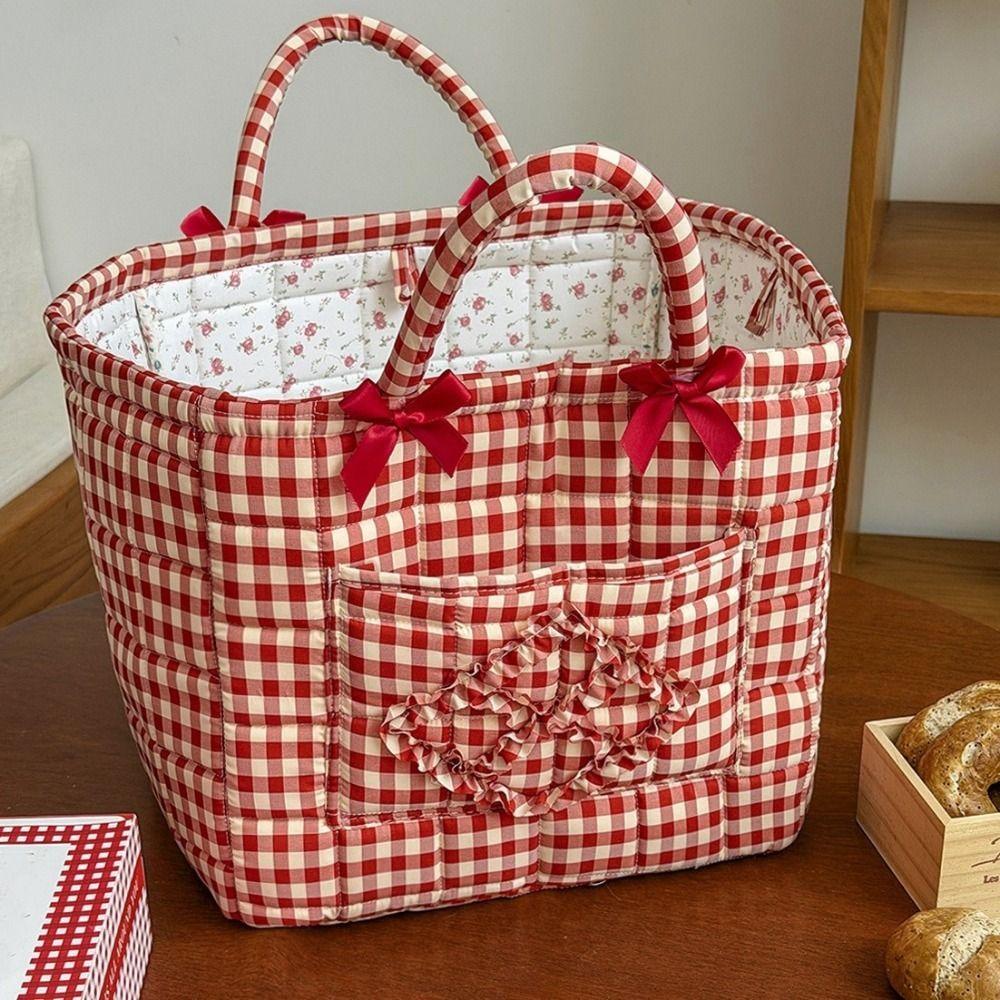 Handheld Red Plaid Storage Basket Large Capacity Clothes Toys Storage Basket Picnic