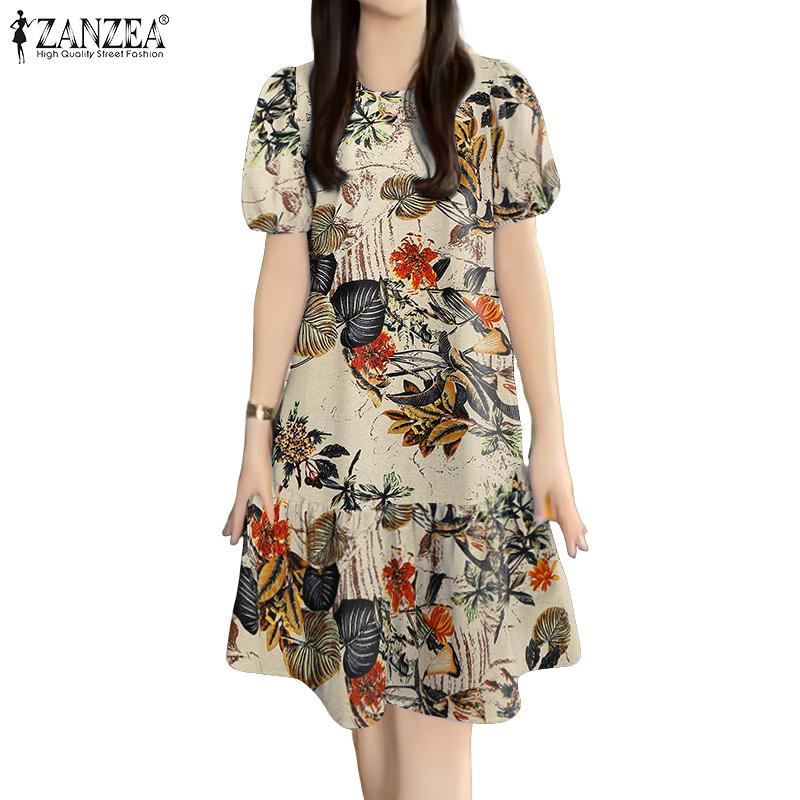 ZANZEA Women Casual Round Neck Summer Short Sleeve Print Cotton Dress