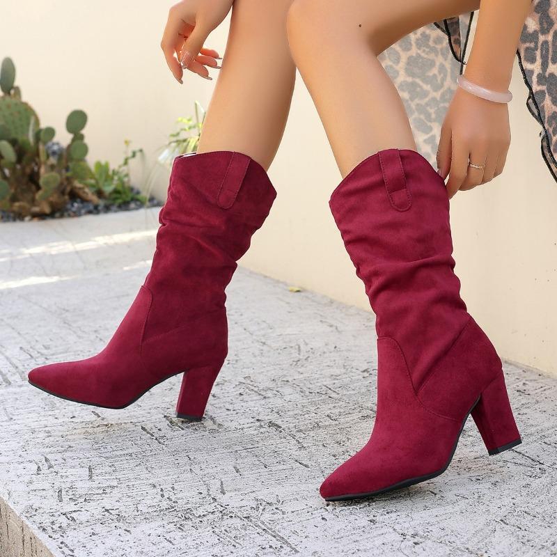 Women's Pointed Toe Slouchy High Heel Fashion Boots, Suede Chunky Heel Ankle Boots, Plus Size Winter Shoes
