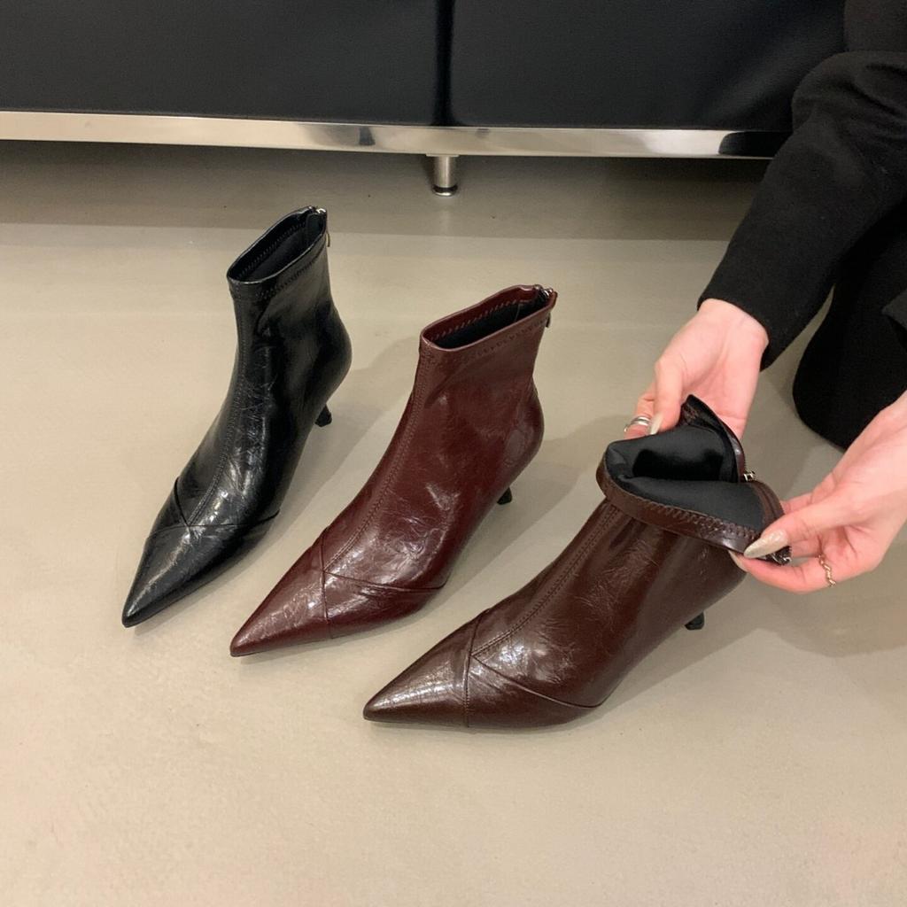 Autumn and winter new pointed thin heel short fashion boots temperament versatile and thin zipper European and American style thin boots